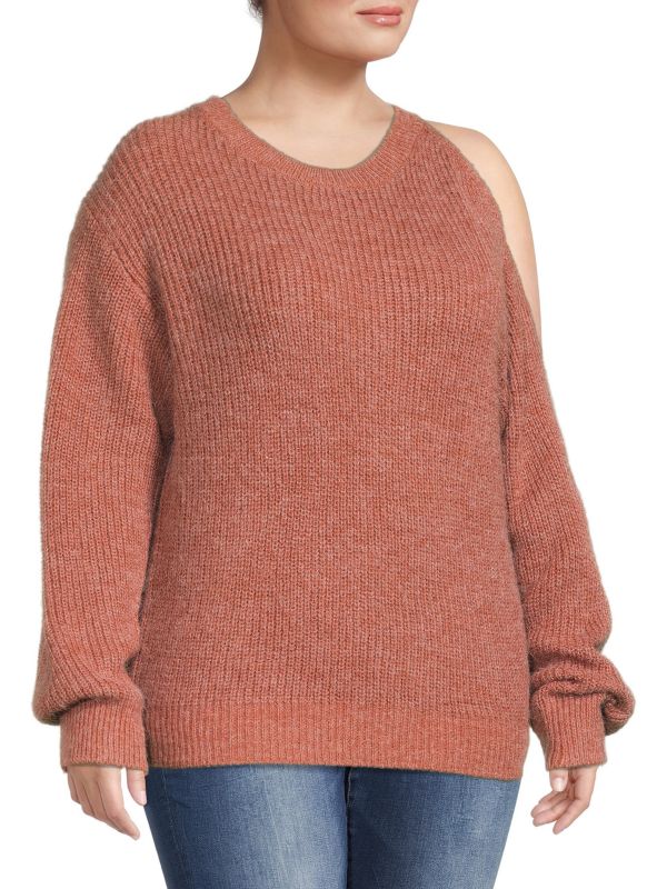 VIGOSS Plus Shoulder Cutout Crewneck Sweater